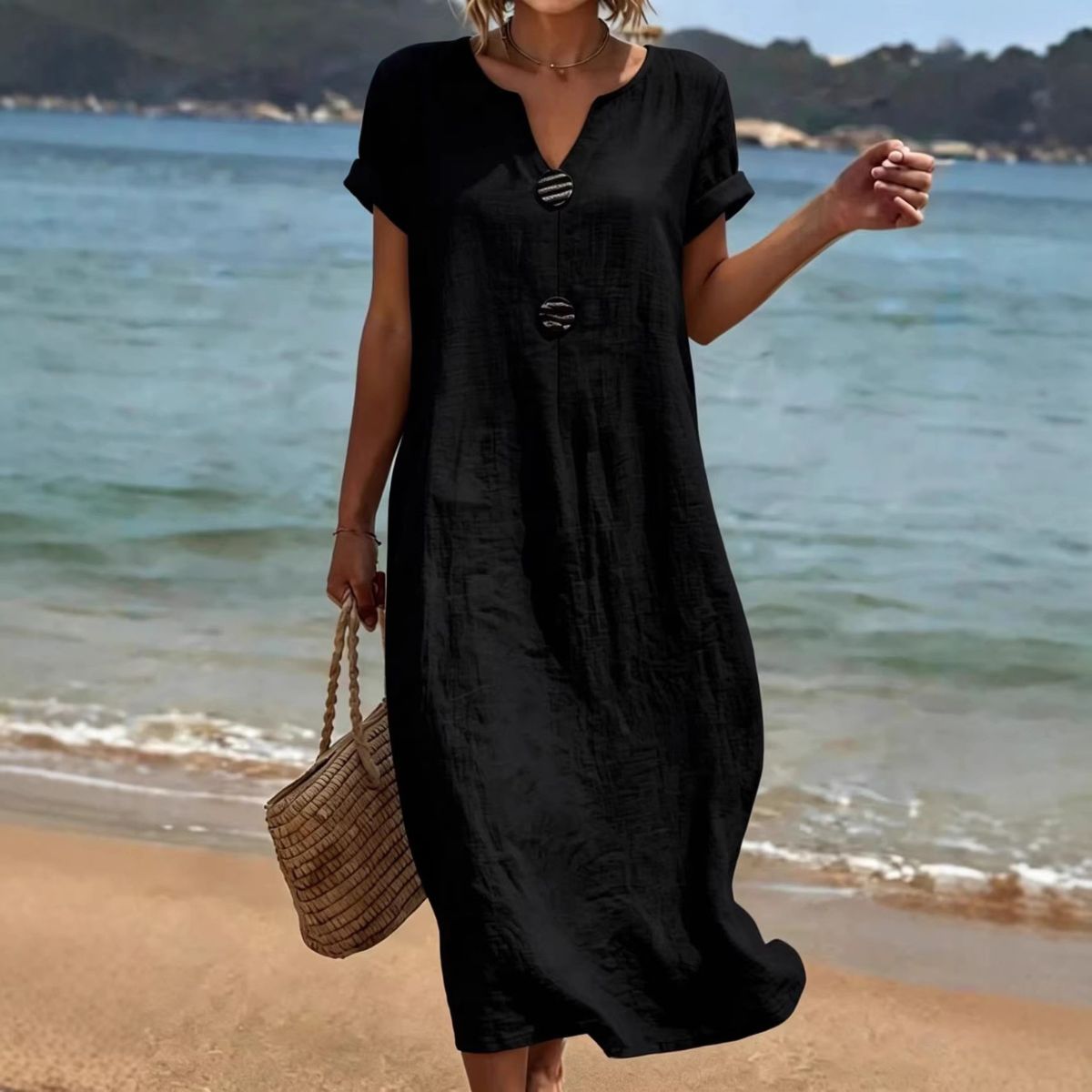 👗Letné ľanovo-bavlnené šaty na dovolenku｜Voľný zoštíhľujúci strih, ľahké a priedušné, elegantné a pohodlné po celý deň【S-3XL】