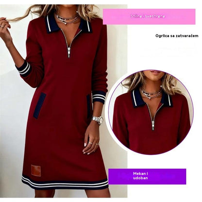 👗Nova zimska haljina 👗 casual , s patentnim zatvaračem ⚡, košuljni ovratnik  dugim rukavima ✨ i džepovima u blok bojama