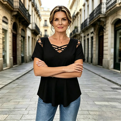 👚 Ljetna majica za žene od 100% pamuka, V-izrez, križni detalji i izrezi na ramenima | moderna i prozračna