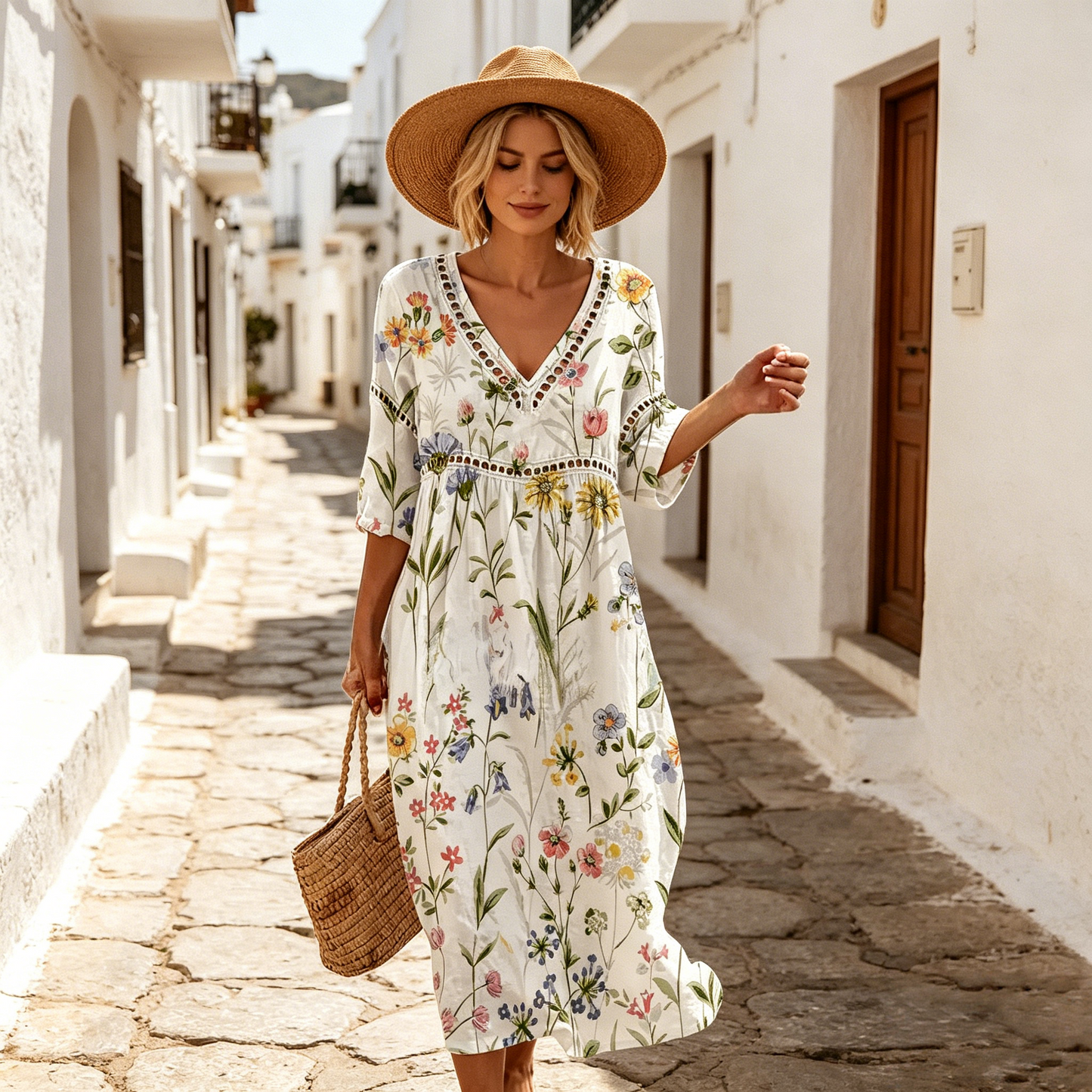 👗【S-3XL】Duga haljina od pamuka i lana s cvjetnim uzorkom u ljetnom stilu, V-izrez, udubljeni struk, široka i prozračna, skriva nedostatke i čini vas vitkijima.