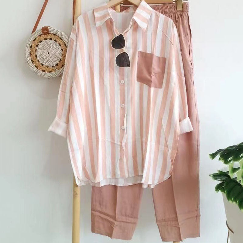 💖Najniža cijena ograničeno vrije🌸【S-5XL】🥼Nueva conjunto de primavera a rayas, conjunto de dos piezas con mangas largas y pantalones.