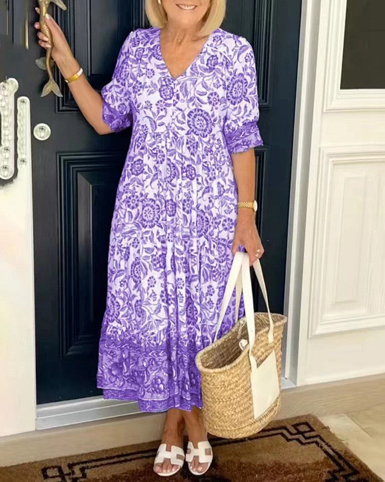 💃【S-3XL】Nova elegantna duga haljina s cvjetnim V-izrezom. 【50-110 kg】-Plaćanje pouzećem