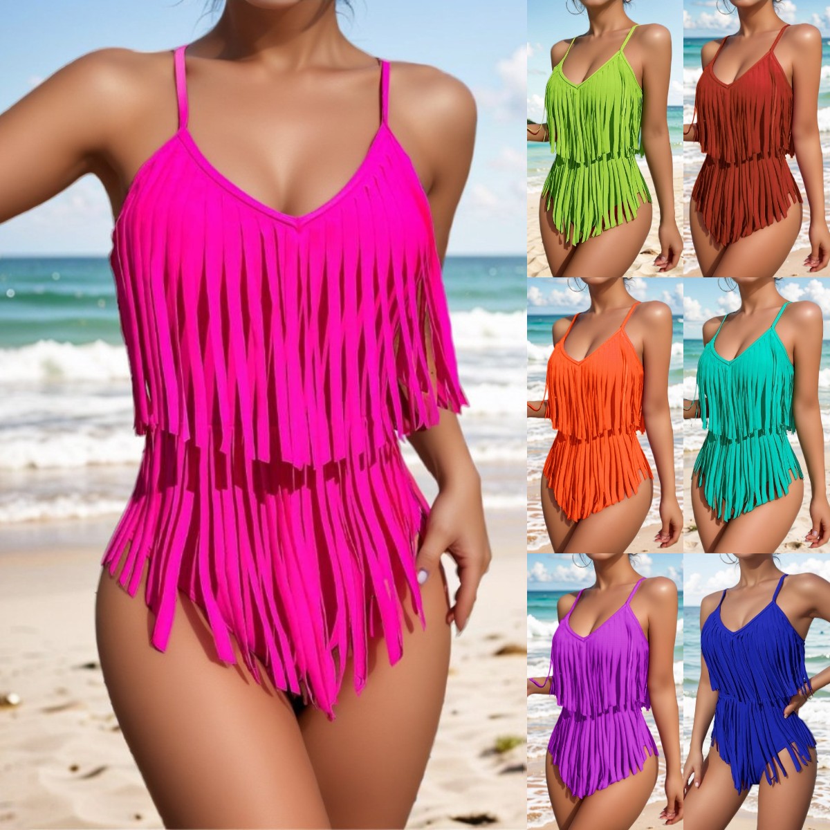 😍👙2024. [Gran oferta] Traje de baño de una pieza sin espalda con borlas y escote en V - 3691289 