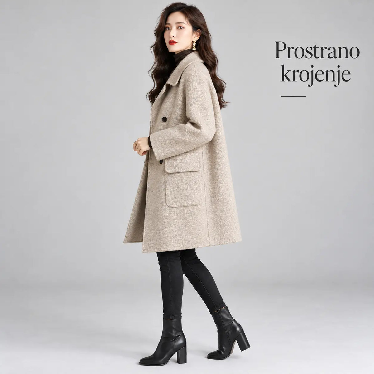 🎃🎀Ženski srednje dugi vuneni kaput s dvorednim kopčanjem, širokog kroja, topao i udoban.