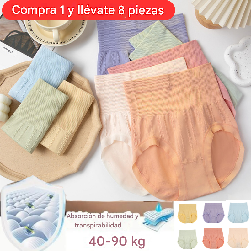 🔥 50% de descuento - 【Pack de 8】 Bragas altas de algodón para mujer con control de abdomen y efecto antibacteriano