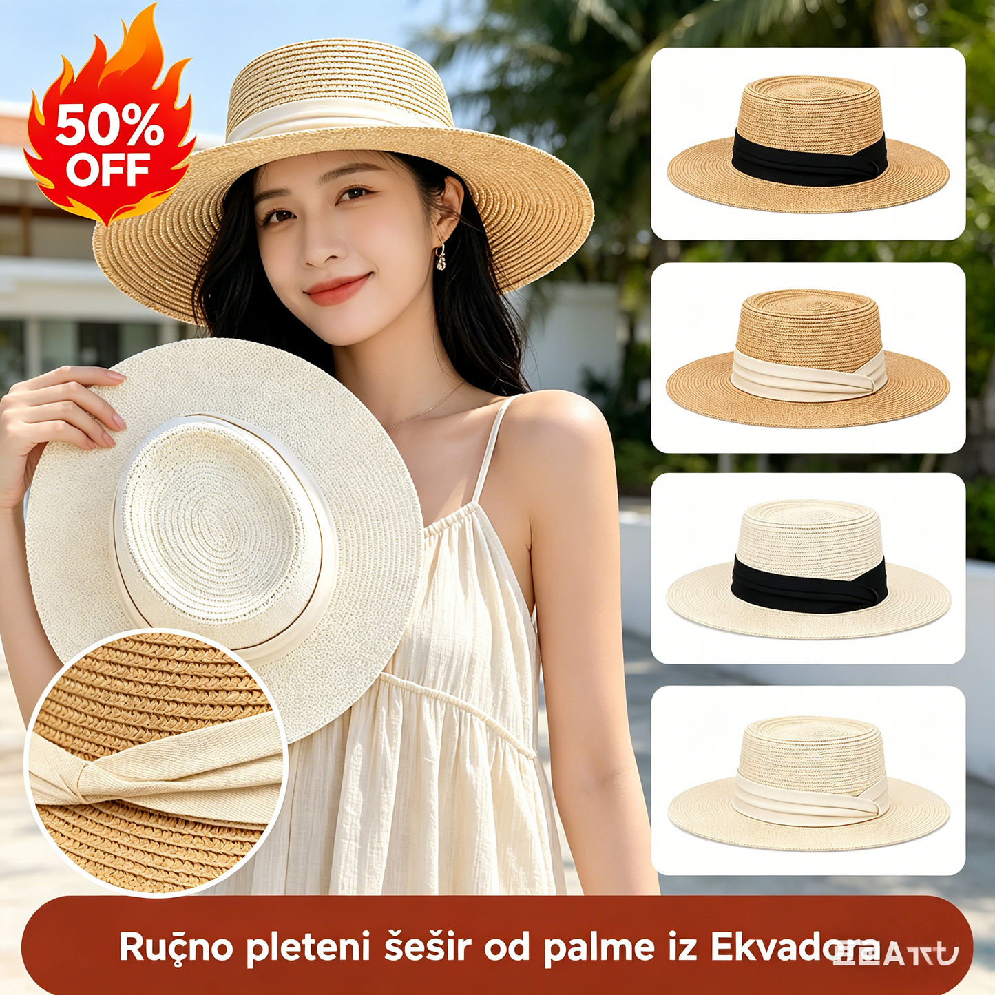 🌿【56-58 cm】【Kupi 1 i dobiješ 1 gratis】Ručno pleteni slamnati šešir od palminog lišća iz Ekvadora.