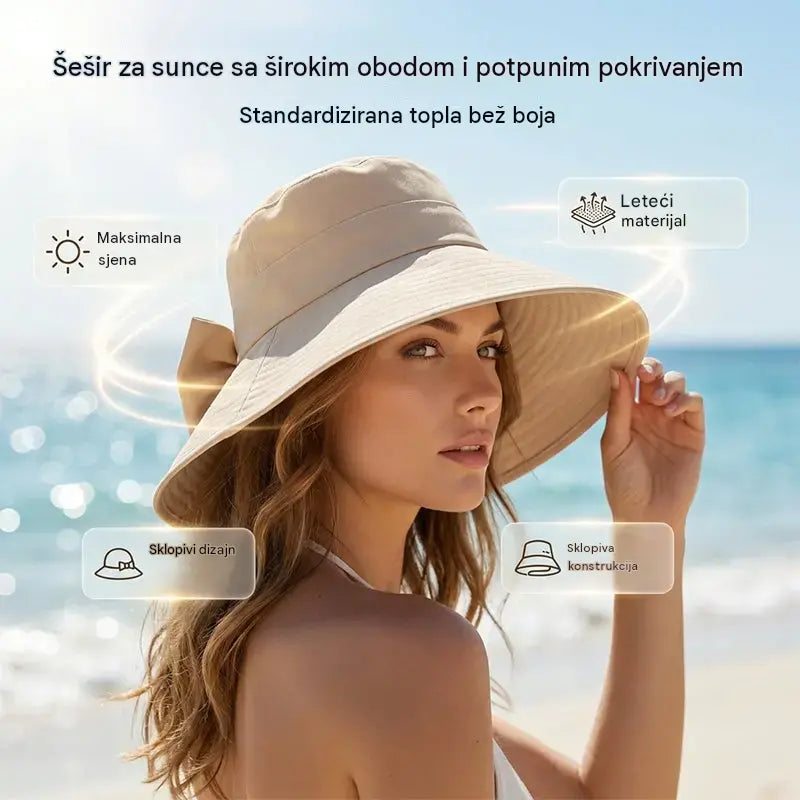 👒✨ Ženski šešir za sunce s mašnom i širokim obodom - sklopivi, 360° zaštita 🎀