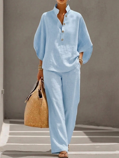 Maribel | Conjunto de lino con mangas murciélago y pantalón de pierna ancha