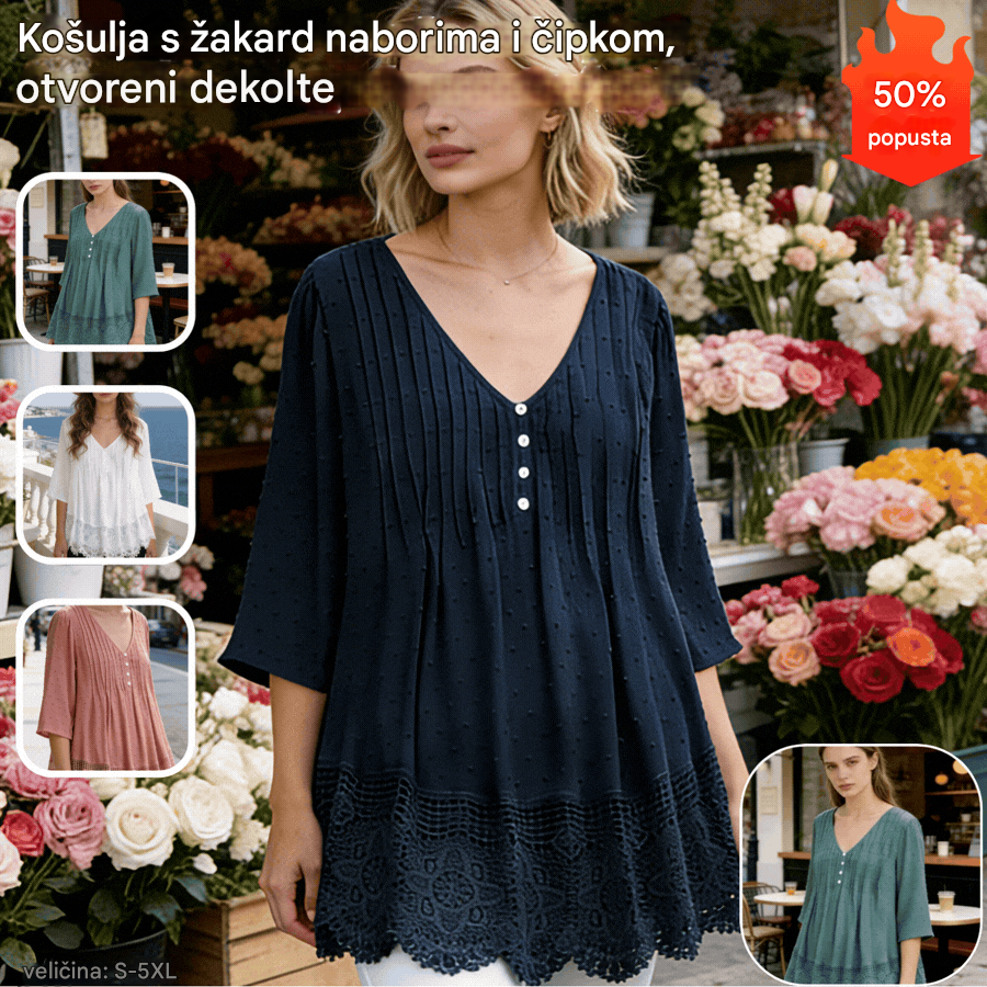 🔥Kupite 1, dobijte 1 gratis🔥【S-5XL】👚Žakard košulja s plisiranim i čipkastim uzorkom, otvoreni V izrez🌺【50-120 kg】