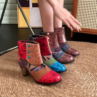 【35-43】👢Nove ženske moderne kožne čizme u retro etničkom stilu, gležnjače s debelim vrhom i špicastim vrhom