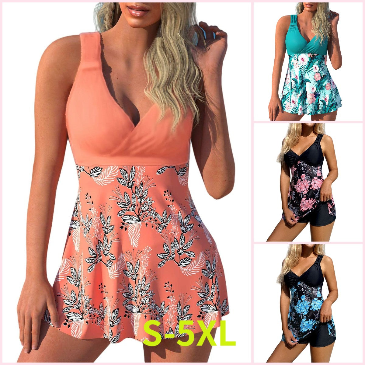🌴🏖️🌈【S-5XL】😍 Zestaw damskich strojów kąpielowych, duży kwiatowy nadruk, spodenki, spódnica kąpielowa z odkrytymi plecami, szybkoschnący materiał