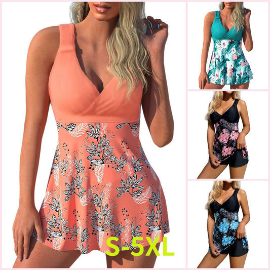 🌴🏖️🌈【S-5XL】😍 Zestaw damskich strojów kąpielowych, duży kwiatowy nadruk, spodenki, spódnica kąpielowa z odkrytymi plecami, szybkoschnący materiał