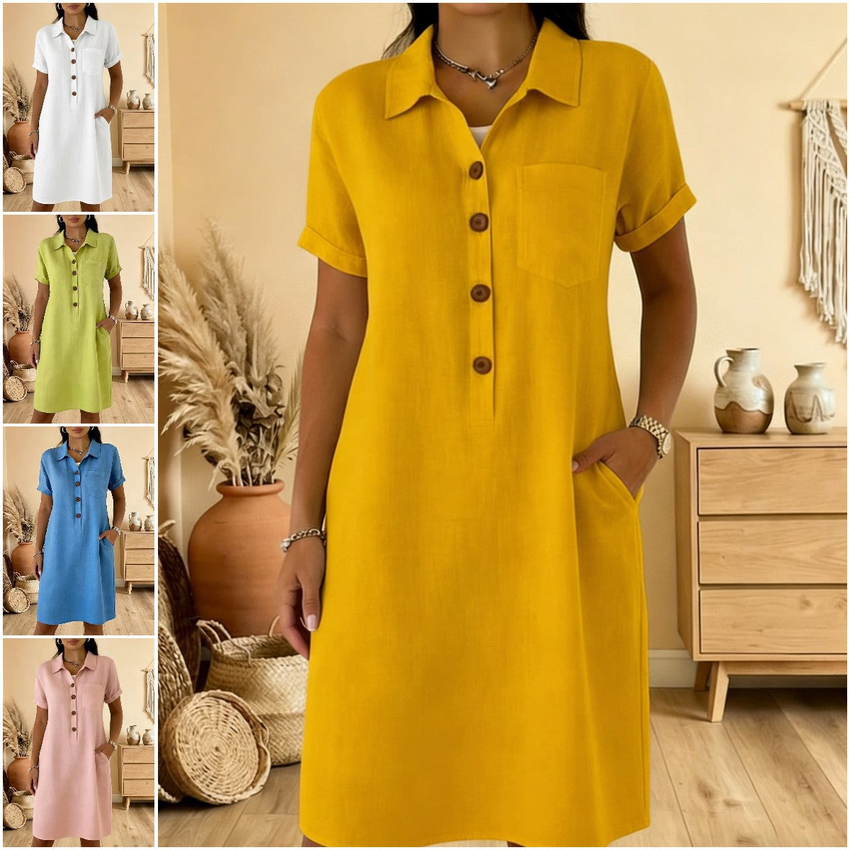 ⏰🍋【S-3XL】Ženska košulja haljina od mješavine lana i pamuka, kratki rukavi, široki kroj, s džepovima, ljetna haljina za posao i godišnji odmor