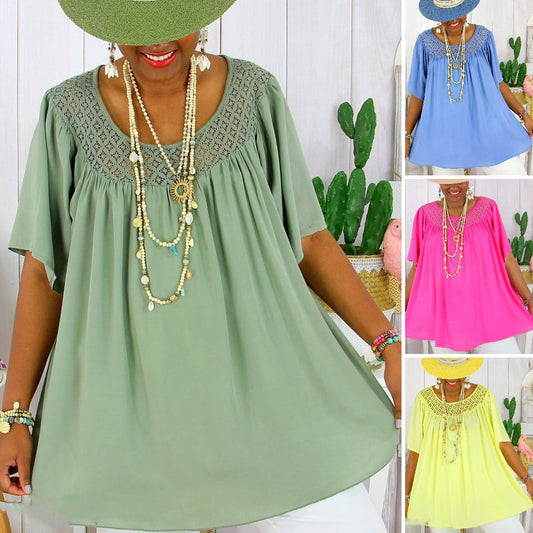 🔥👗【XL-8XL】Ženska nova jednobojna jednobojna široka odjeća veće veličine od čipke-3689701