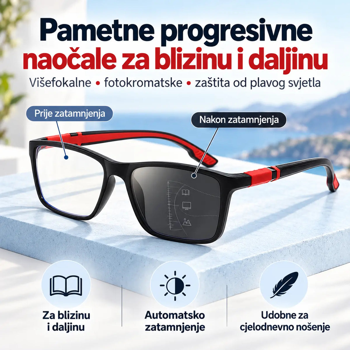 Progresivne multifokalne naočale za čitanje s laganim okvirom koji ne klizi, za gledanje na blizinu i daljinu, sa zaštitom od plavog svjetla.