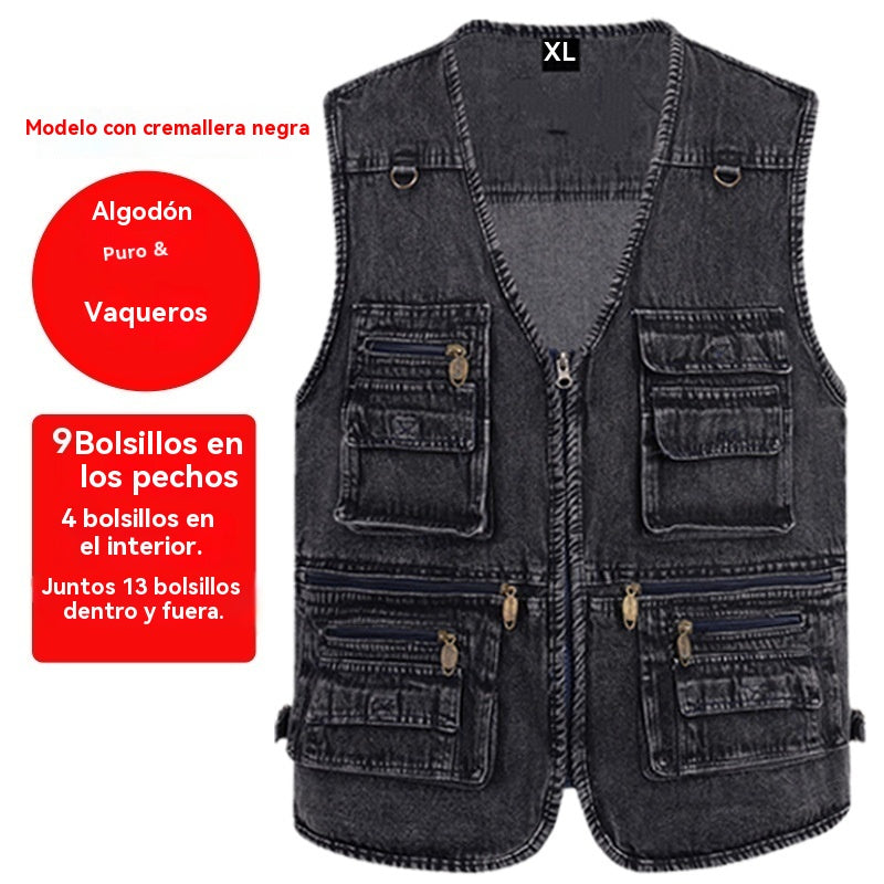 🔥 Nueva colección con 50% de descuento, chaleco vaquero abierto multibolsillos para hombre XL-7XL, duradero, transpirable y cómodo de guardar.