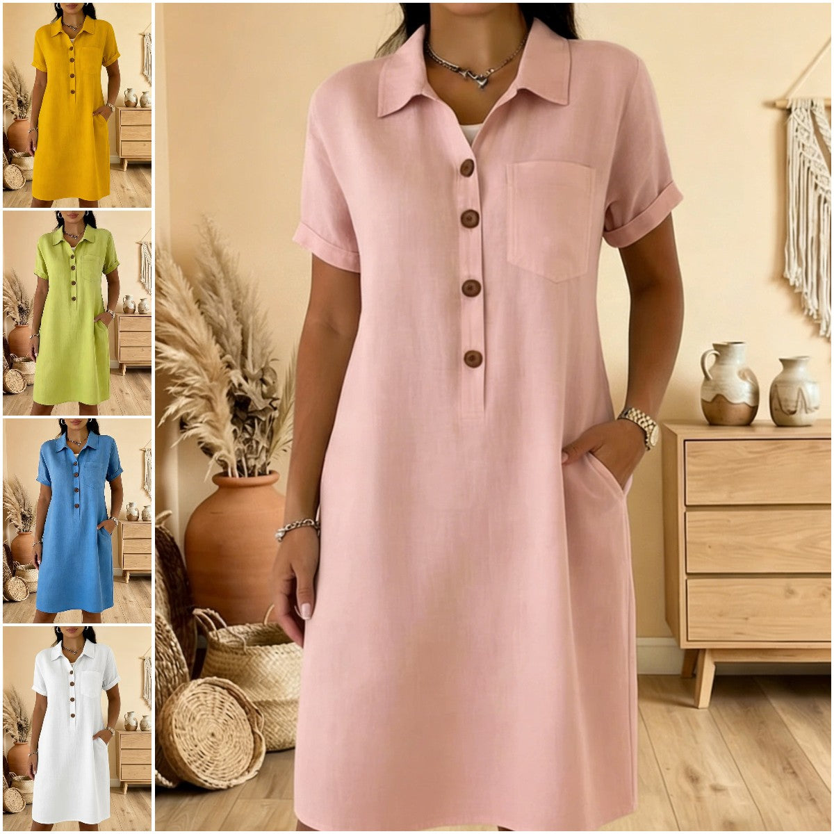 ⏰🍋【S-3XL】Ženska košulja haljina od mješavine lana i pamuka, kratki rukavi, široki kroj, s džepovima, ljetna haljina za posao i godišnji odmor