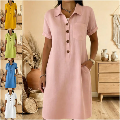⏰🍋【S-3XL】Ženska košulja haljina od mješavine lana i pamuka, kratki rukavi, široki kroj, s džepovima, ljetna haljina za posao i godišnji odmor