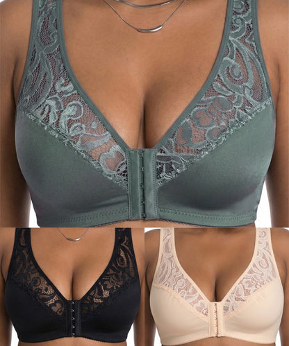 💖Precio más bajo de la historia【Conjunto de 3 piezas】【L-4XL】😍🩲Sujetador push-up de tallas grandes, hermoso encaje, diseño push-up y calado, cierre frontal
