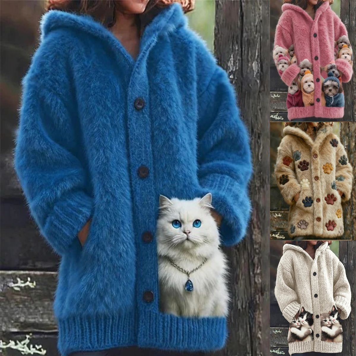 🔥🐾【Časovno omejen popust -50%】 Ženski eleganten in ljubek plašč s kapuco in živalskim potiskom, popoln za jesen in zimo 🧥✨-E