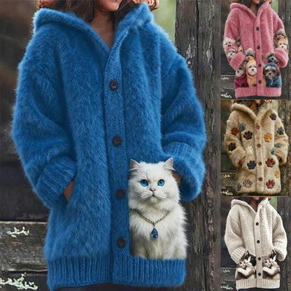🔥🐾【Časovno omejen popust -50%】 Ženski eleganten in ljubek plašč s kapuco in živalskim potiskom, popoln za jesen in zimo 🧥✨-E