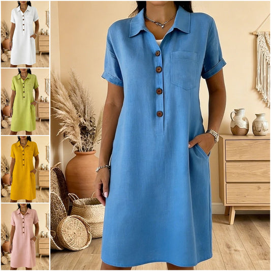 ⏰🍋【S-3XL】Ženska košulja haljina od mješavine lana i pamuka, kratki rukavi, široki kroj, s džepovima, ljetna haljina za posao i godišnji odmor