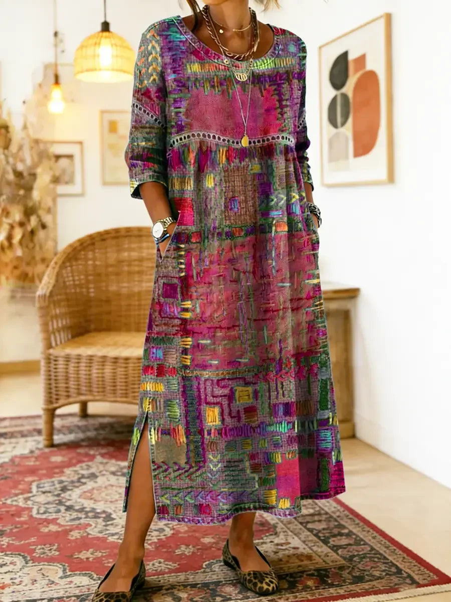 ✨ Zadnji dan s 50% popusta!【S-5XL】Retro ljetna haljina s okruglim izrezom i printom - lagana, prozračna, stagnira i jednostavna za stiliziranje.