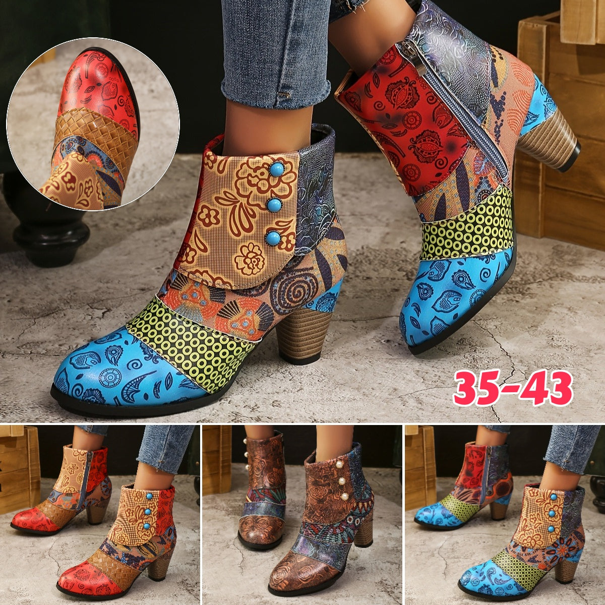 【35-43】👢Nove ženske moderne kožne čizme u retro etničkom stilu, gležnjače s debelim vrhom i špicastim vrhom