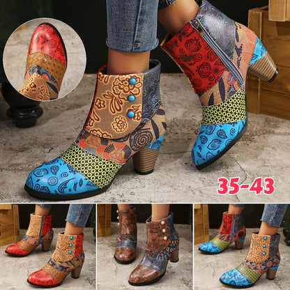 【35-43】👢Nove ženske moderne kožne čizme u retro etničkom stilu, gležnjače s debelim vrhom i špicastim vrhom