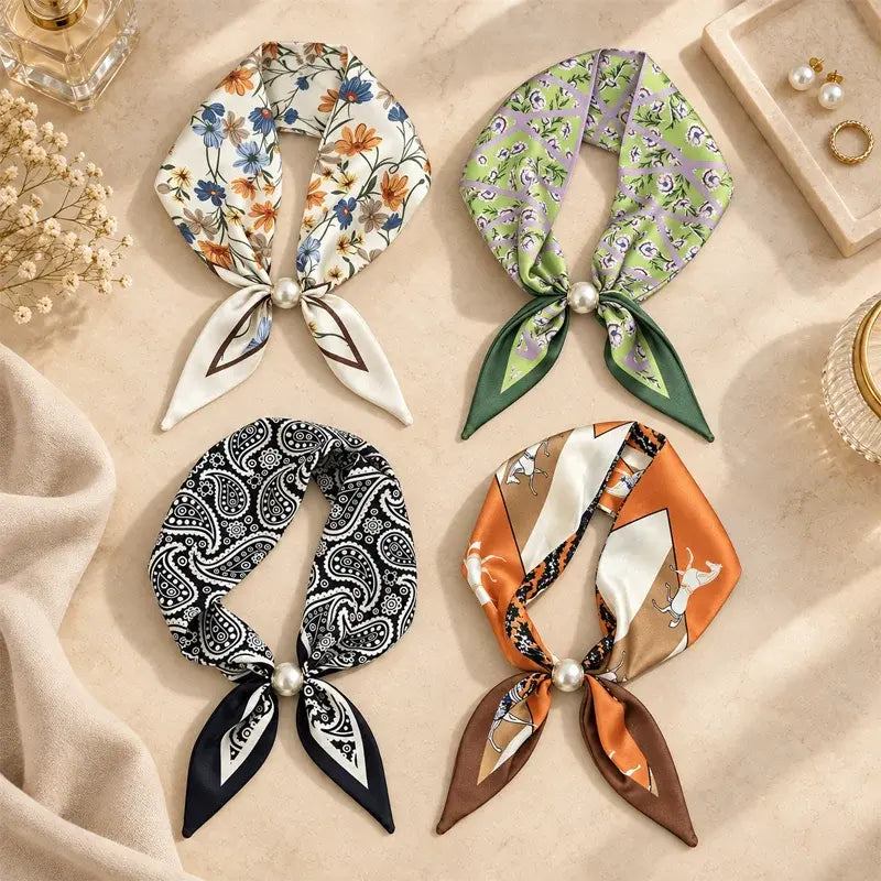 ✨ Set od 4 uska svilena šala – elegancija i profinjenost za proljeće i ljeto! Kvalitetan materijal, svestrana primjena – idealni za vrat, kosu ili torbicu!