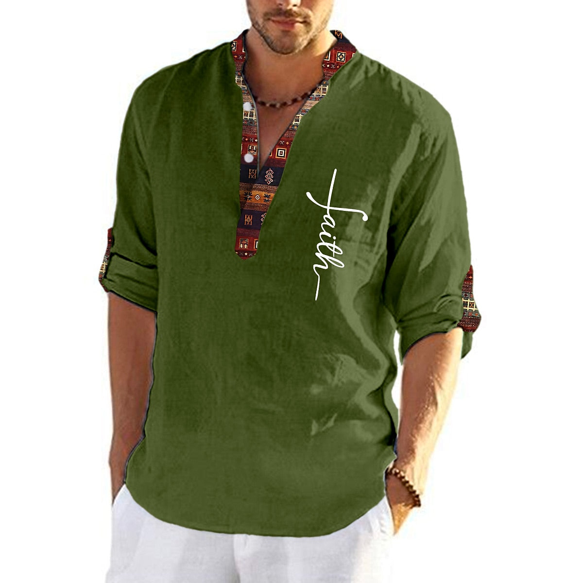 🔥Vremenski ograničena akcija🔥Muška posteljina, pamučna košulja s printom i V izrezom -3721976