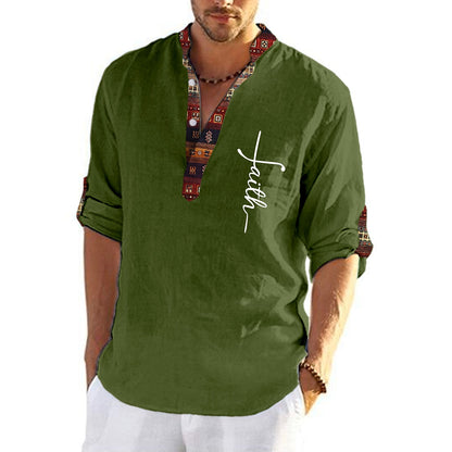 🔥Vremenski ograničena akcija🔥Muška posteljina, pamučna košulja s printom i V izrezom -3721976