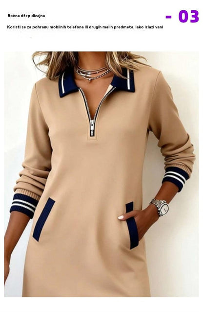 👗Nova zimska haljina 👗 casual , s patentnim zatvaračem ⚡, košuljni ovratnik  dugim rukavima ✨ i džepovima u blok bojama