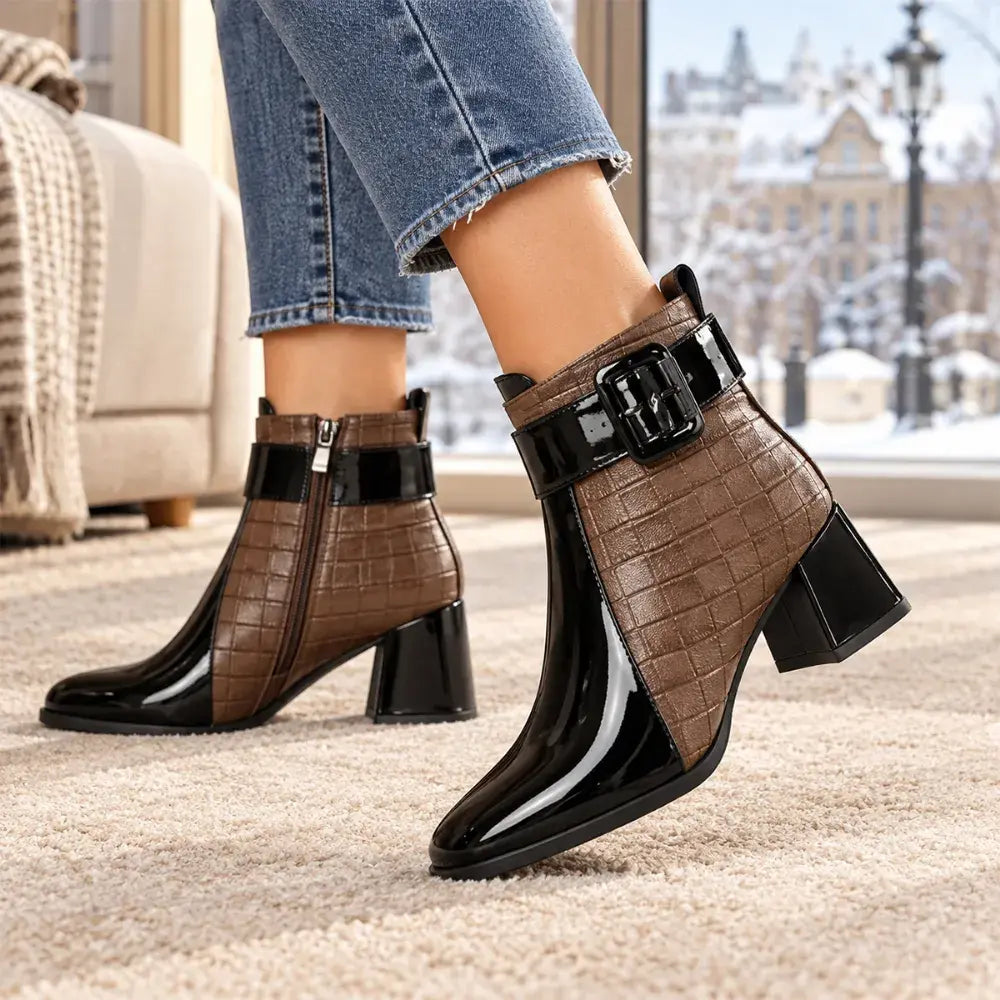 👠【35-40】Moderne gležnjače s četvrtastim vrhom, širokom petom i detaljima krokodilskog uzorka, elegantnog izgleda.