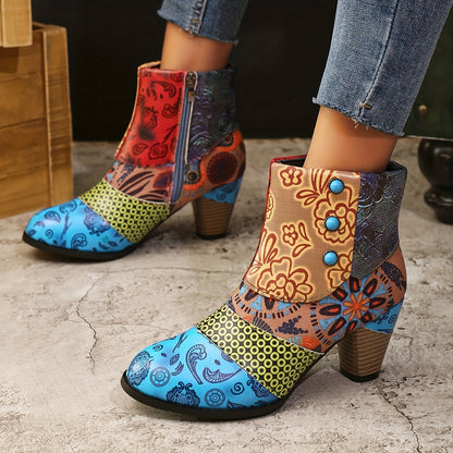 【35-43】👢Nove ženske moderne kožne čizme u retro etničkom stilu, gležnjače s debelim vrhom i špicastim vrhom