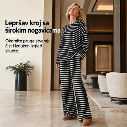 🎀👗 Ženski komplet za opuštanje – prugasta majica dugih rukava (s okruglim izrezom) u kombinaciji s hlačama na vezanje