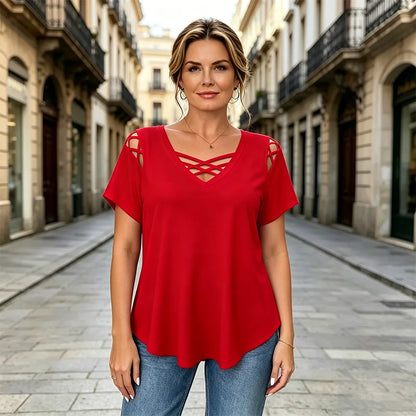 👚 Ljetna majica za žene od 100% pamuka, V-izrez, križni detalji i izrezi na ramenima | moderna i prozračna