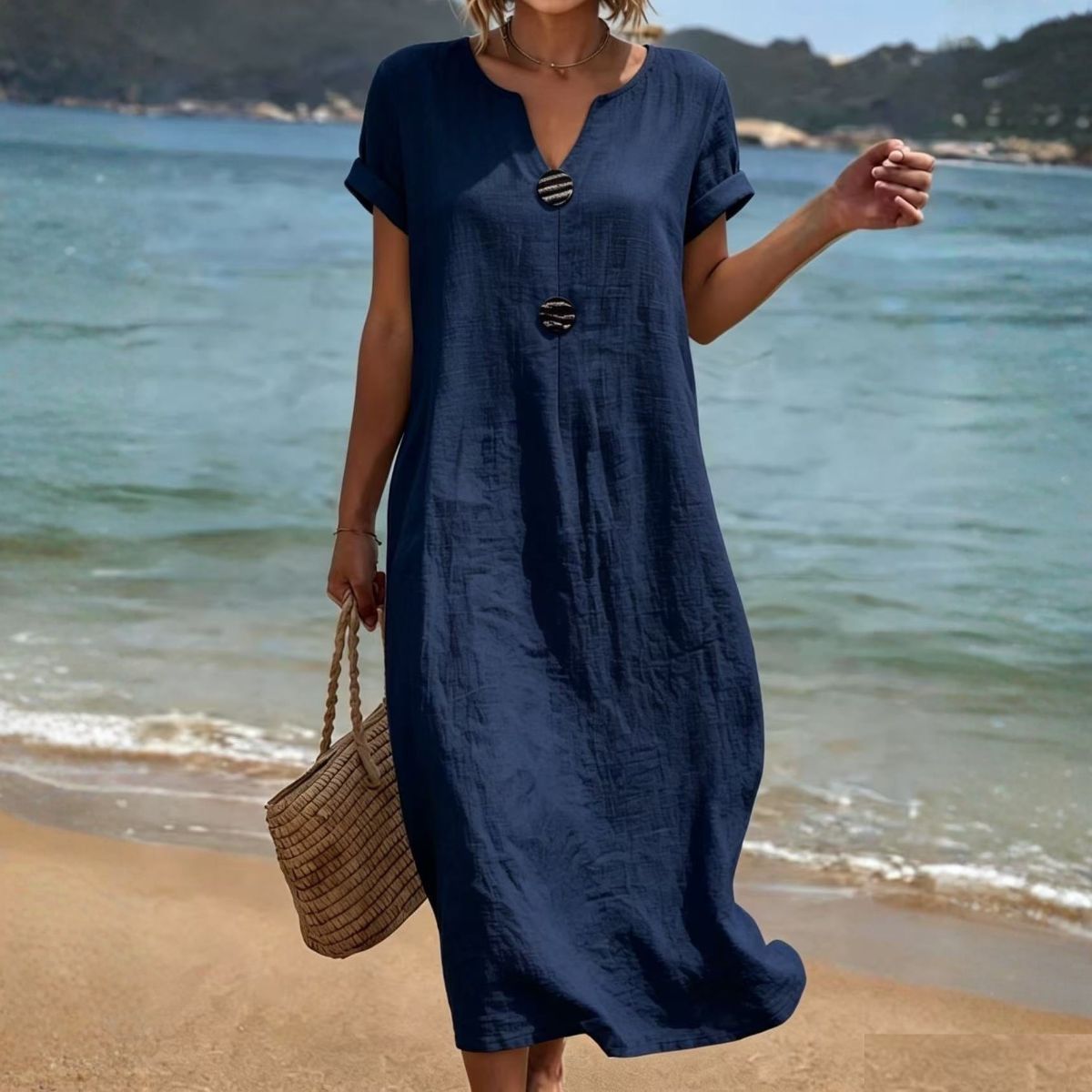 👗Letné ľanovo-bavlnené šaty na dovolenku｜Voľný zoštíhľujúci strih, ľahké a priedušné, elegantné a pohodlné po celý deň【S-3XL】
