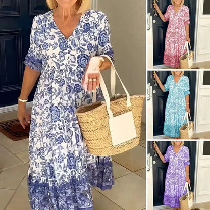 💃【S-3XL】Nova elegantna duga haljina s cvjetnim V-izrezom. 【50-110 kg】-Plaćanje pouzećem