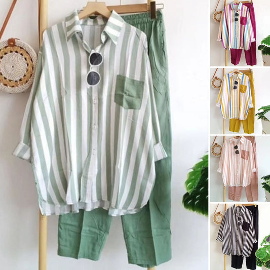 [S-5XL] 🌸 Traje casual de dos piezas a rayas para mujer para primavera y verano: agradable para la piel, suave y versátil. 