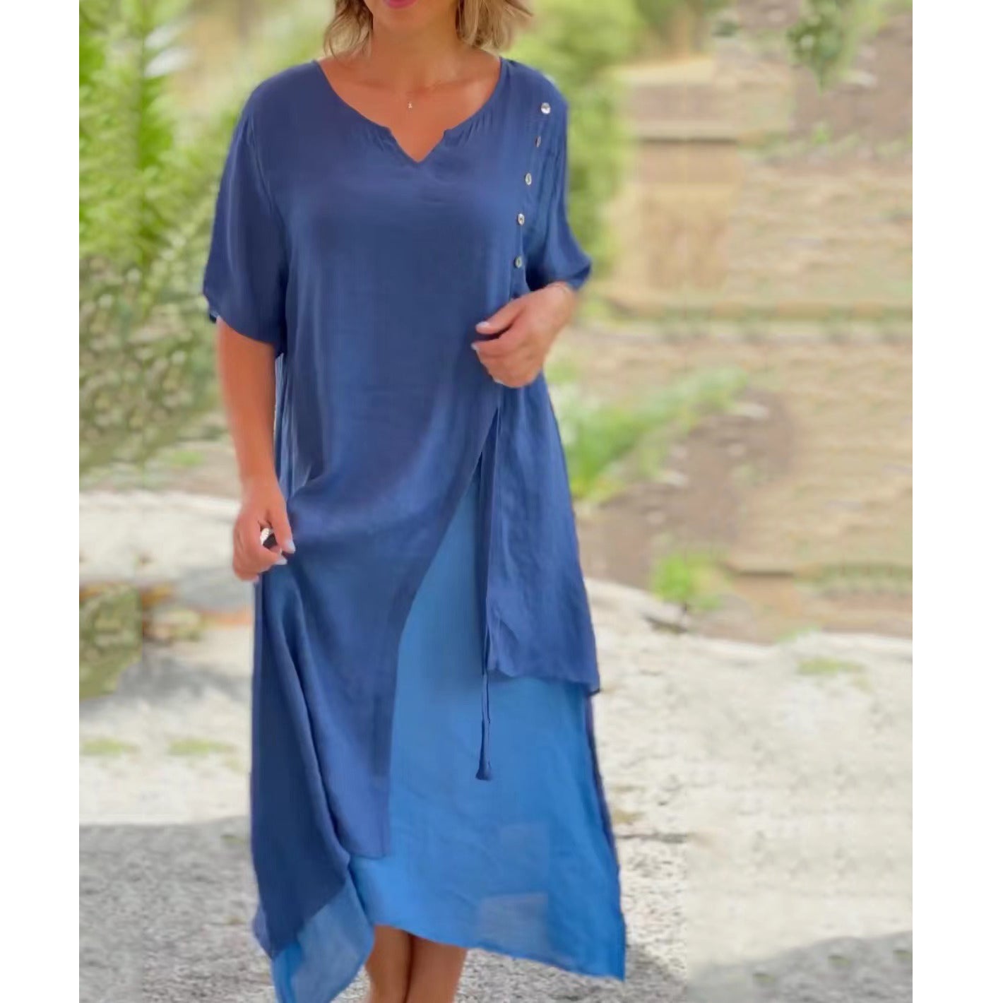 ✨【Sezonska rasprodaja】👗Nova asimetrična dvodijelna haljina s V-izrezom【S-4XL】【45-110 kg】-Besplatna dostava