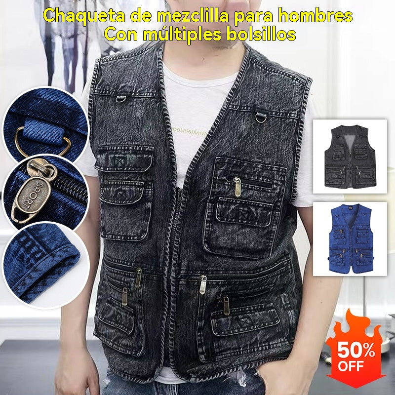 🔥 Nueva colección con 50% de descuento, chaleco vaquero abierto multibolsillos para hombre XL-7XL, duradero, transpirable y cómodo de guardar.