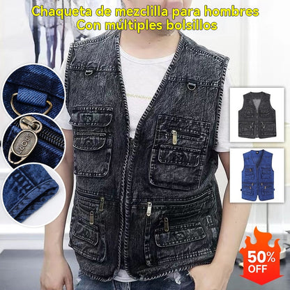 🔥 Nueva colección con 50% de descuento, chaleco vaquero abierto multibolsillos para hombre XL-7XL, duradero, transpirable y cómodo de guardar.