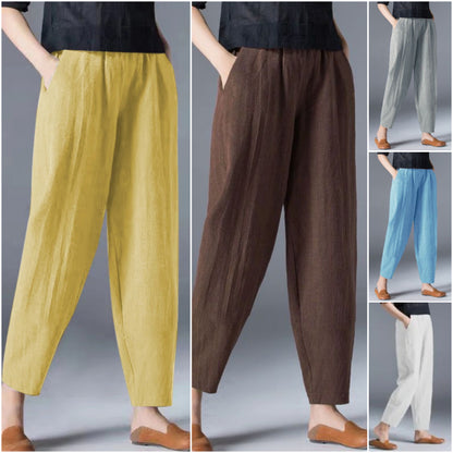 💥🔥【S-5XL】✨💕 Elegante pantalón casual de lino y algodón para mujer, de pierna ancha y cintura elástica