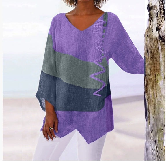 ⏳ Zadnji dan – 50% popusta 😍【S~5XL】Ženski elegantni ležerni top: V-izrez, dugi rukavi, umjetnički uzorak