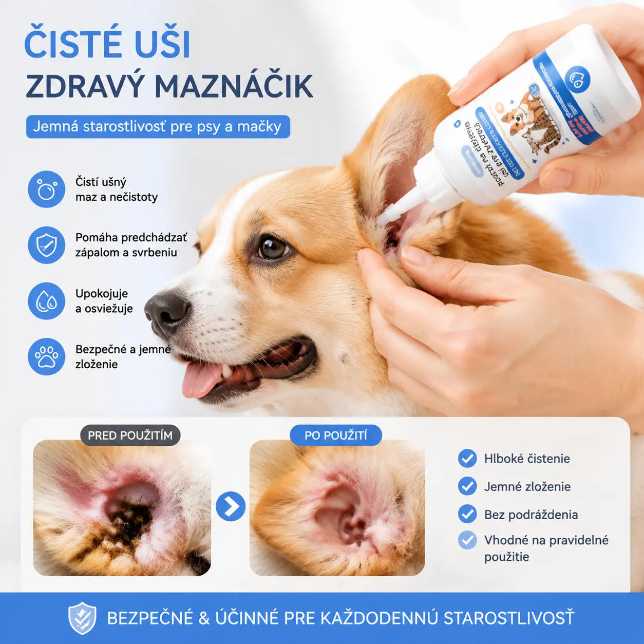 🐶🐱 Čistič uší pre psy a mačky, jemná starostlivosť proti ušnému mazu, nečistotám a svrbeniu