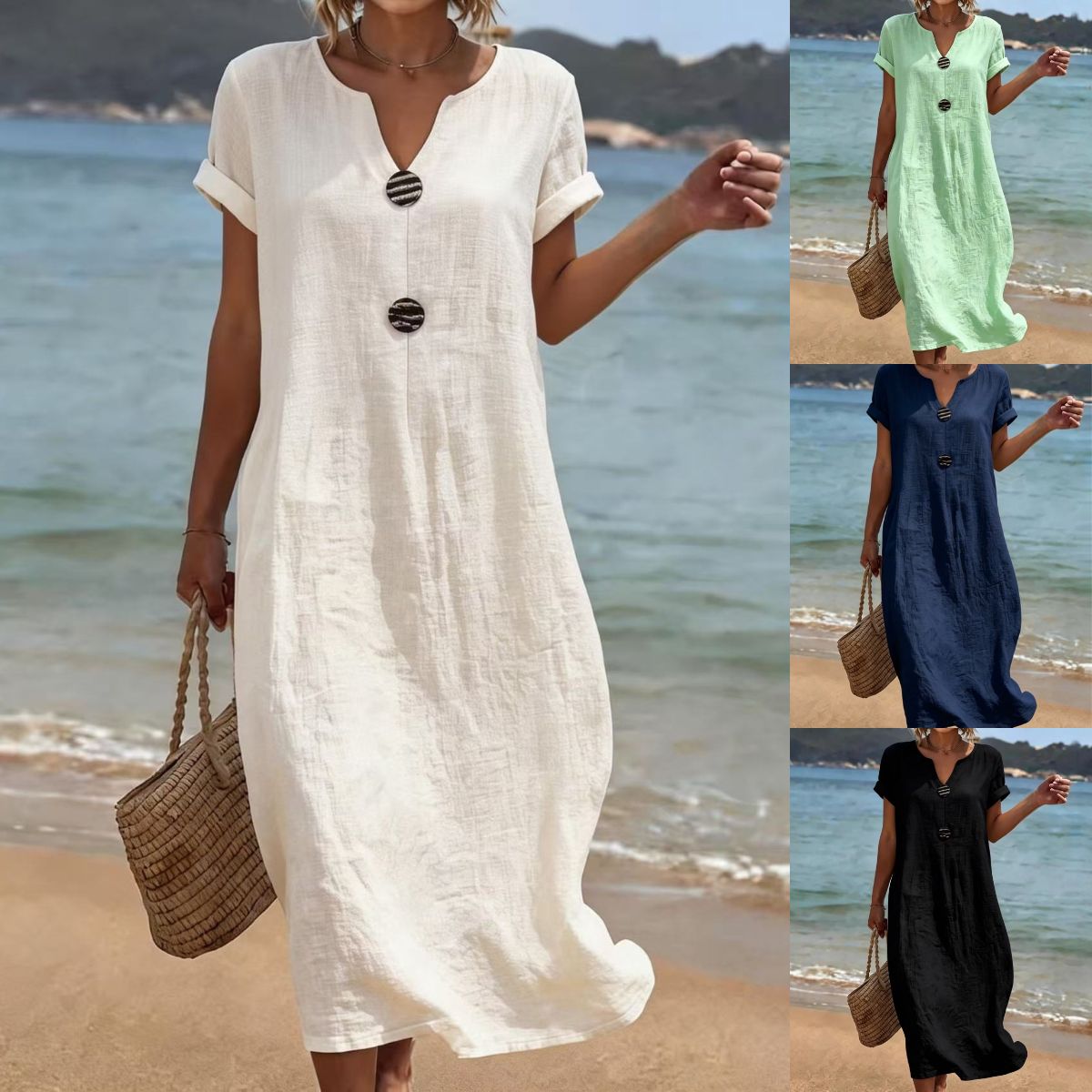 👗Letné ľanovo-bavlnené šaty na dovolenku｜Voľný zoštíhľujúci strih, ľahké a priedušné, elegantné a pohodlné po celý deň【S-3XL】