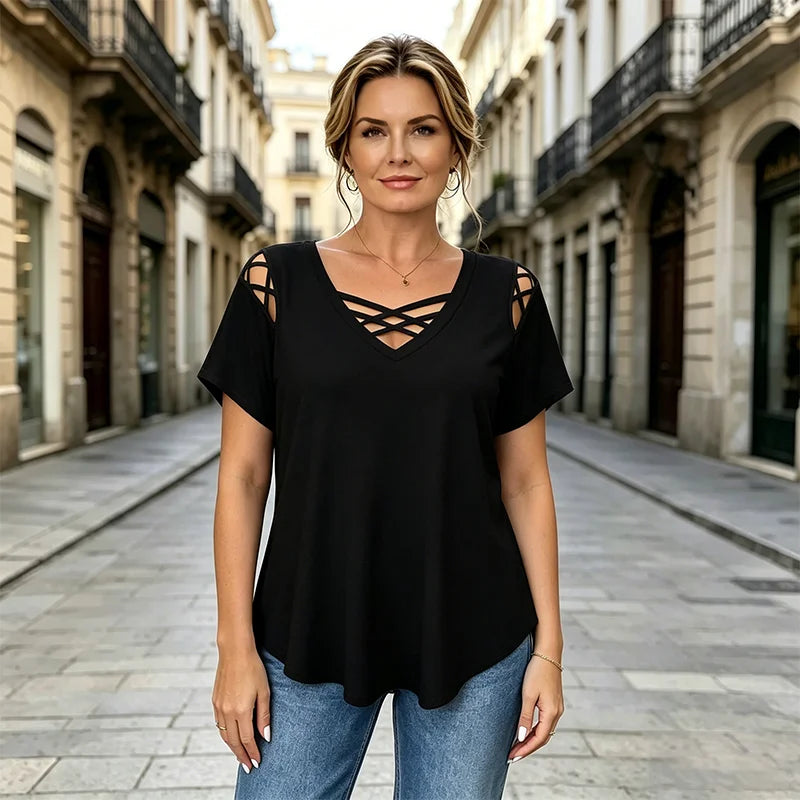 👚 Ljetna majica za žene od 100% pamuka, V-izrez, križni detalji i izrezi na ramenima | moderna i prozračna