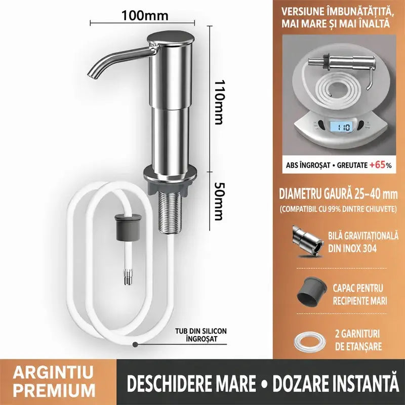 Ugradbeni dozator sapuna i deterdženta za sudoper, vrhunski nehrđajući čelik, s produžnom cijevi za izravno spajanje na bocu i gravitacijskom kuglicom (čelik 304), brzo pumpanje