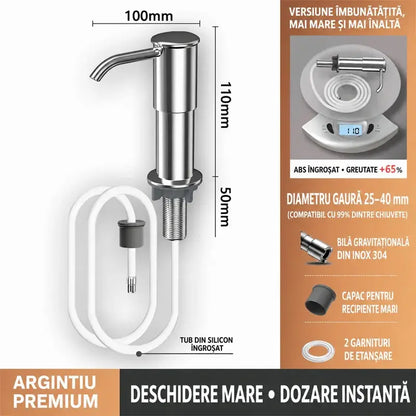 Ugradbeni dozator sapuna i deterdženta za sudoper, vrhunski nehrđajući čelik, s produžnom cijevi za izravno spajanje na bocu i gravitacijskom kuglicom (čelik 304), brzo pumpanje